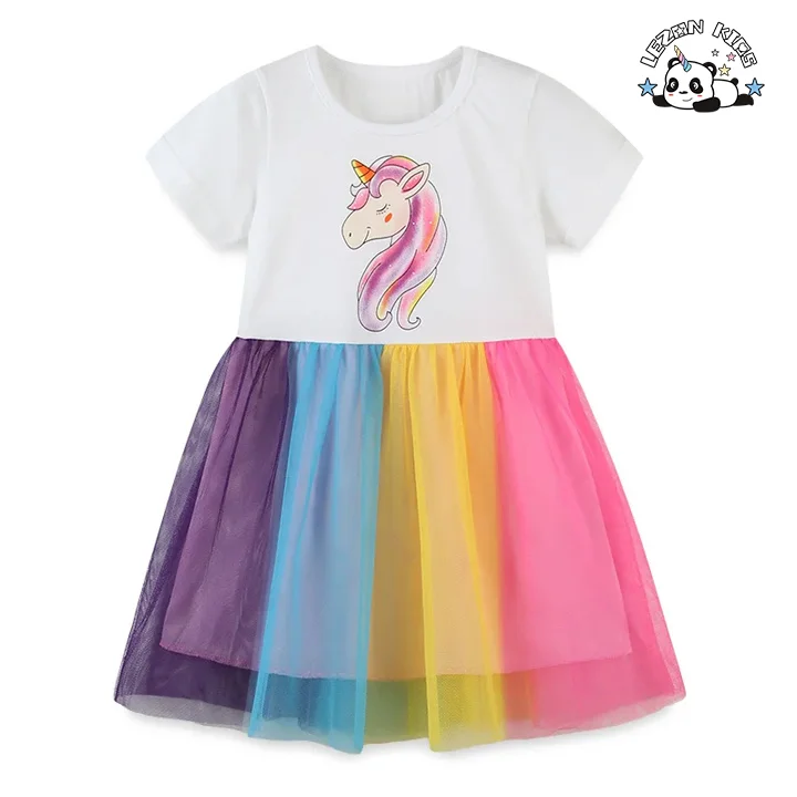 LEZONKIDS - Customizable High Quality OEM Girls Pink Sequin Dress Rainbow Mesh Baby Girls Summer Dress for 2 to 14T Children